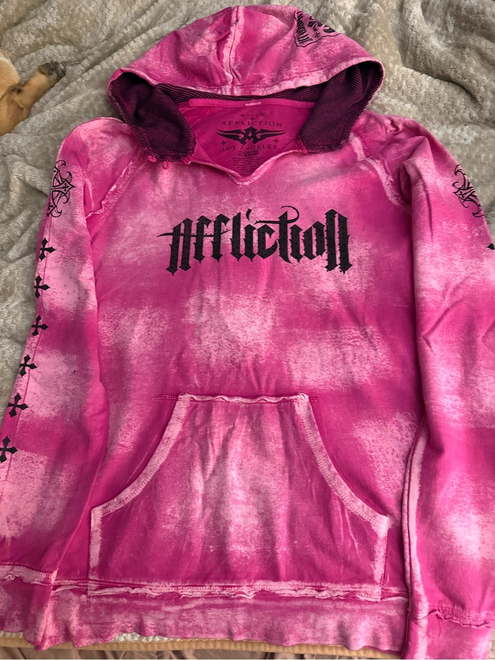 Affliction Hot Pink Distressed Pullover Hoodie